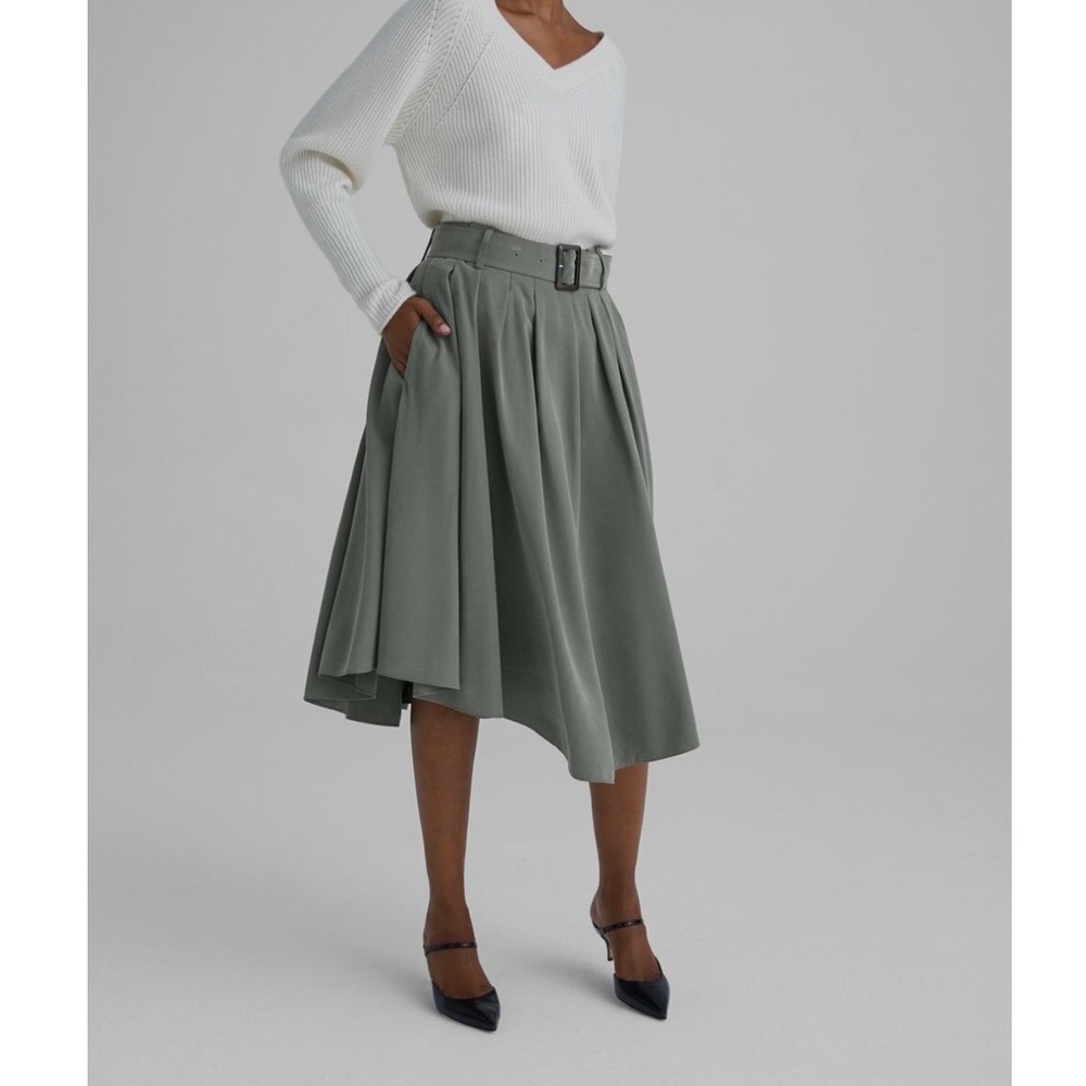 Club Monaco Sage Green Asymmetrical Midi Skirt Pleated Belted Pockets Size 2